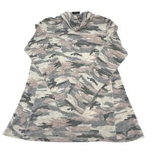 Susan Graver Weekend Cowl Neck Tunic Top Pink Green‎ Camouflage Print Womens L